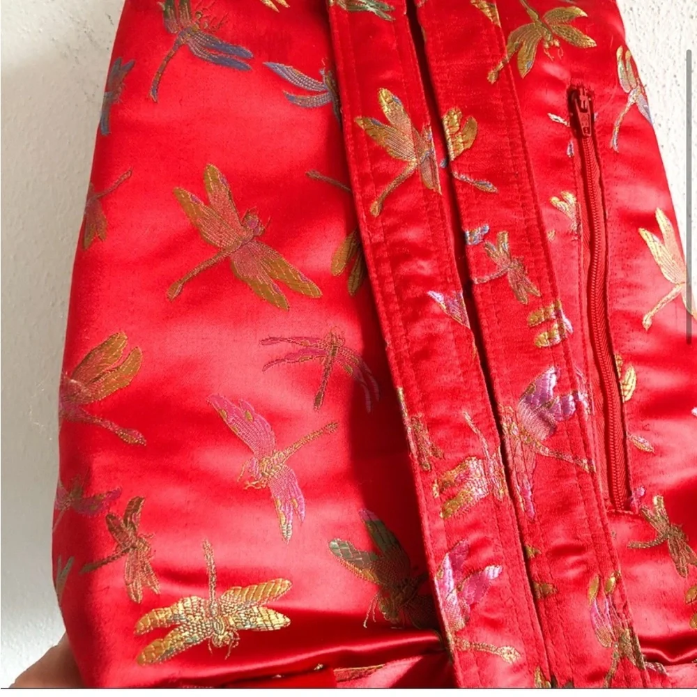 Vintage Y2K red jacquard satin dragonfly backpack bag